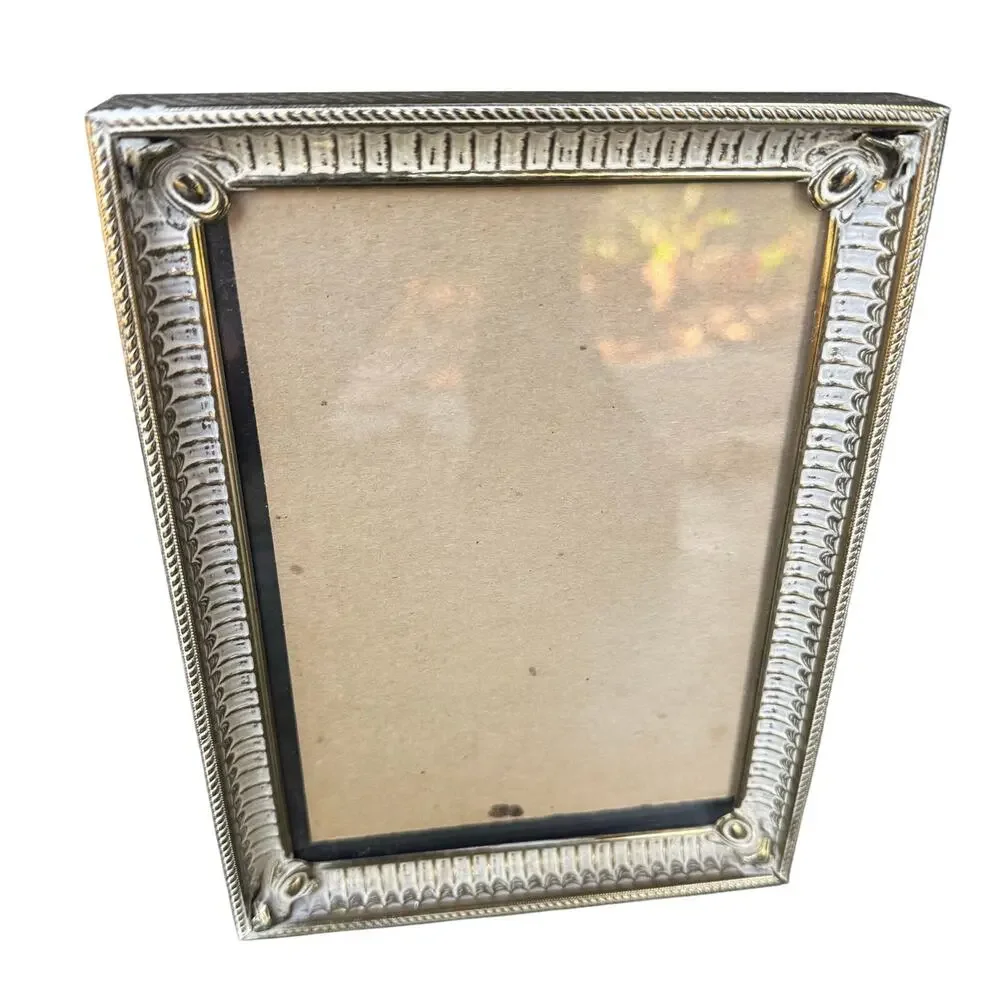 Vintage Picture Photo Frame ~5.5x7.5 Brass White Gold Tone Metal Ornate Standing